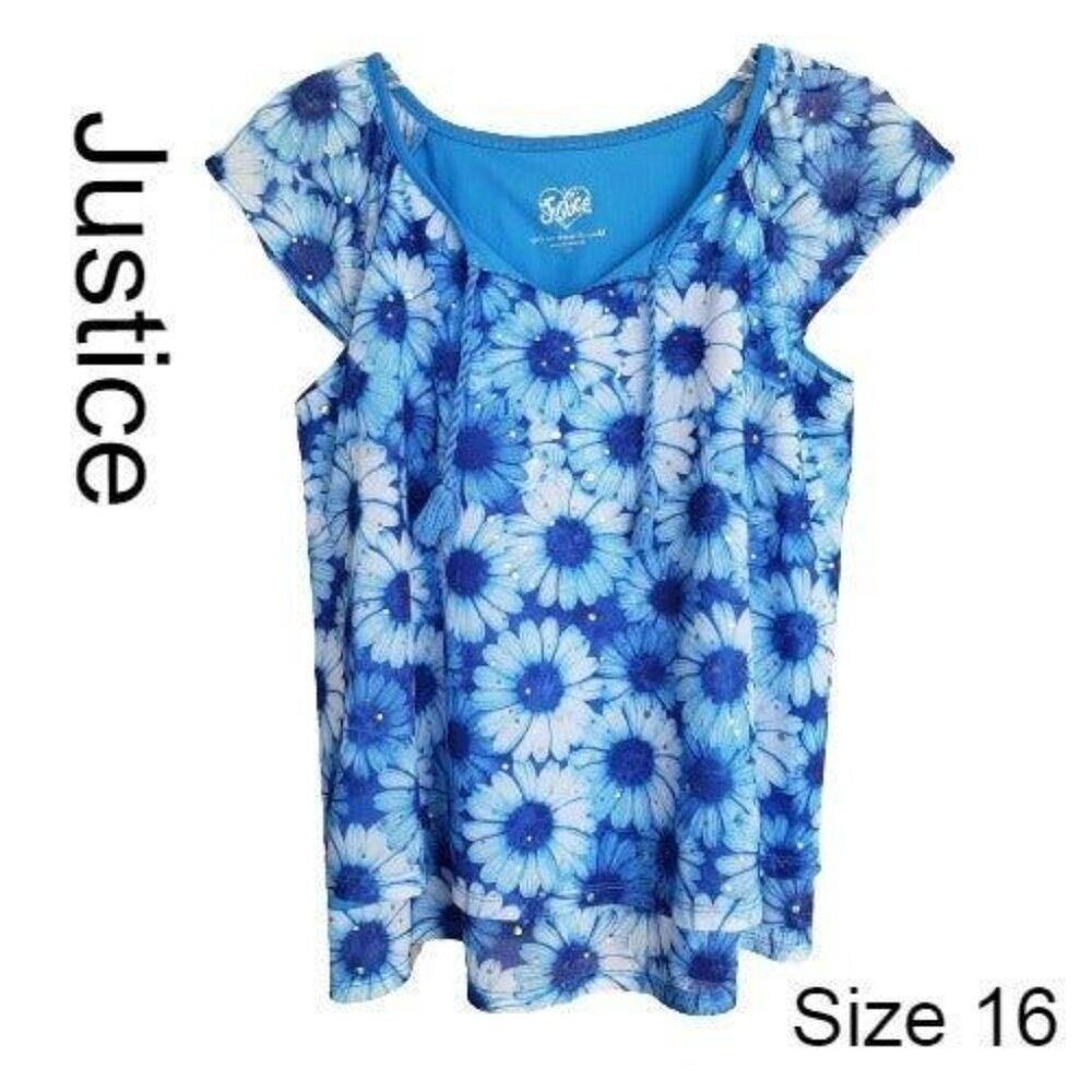 Justice Girls Top 16 Blue Sunflower Sleeveless Embellished Cottage Festive Boho